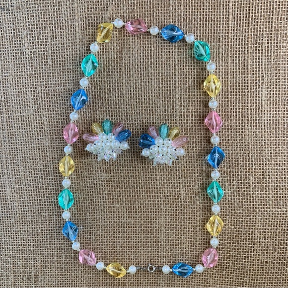 Vintage Colorful Beaded Faux Pearl Necklace & Bead Cluster Pierced Earrings 25" - Picture 2 of 16